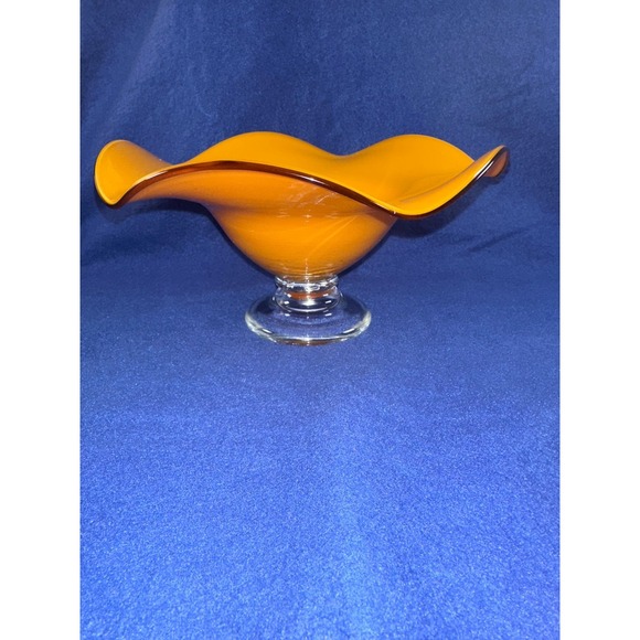 Teleflora Other - Vintage Teleflora MCM Orange Handblown Art Glass Ruffled Footed Pedestal Bowl